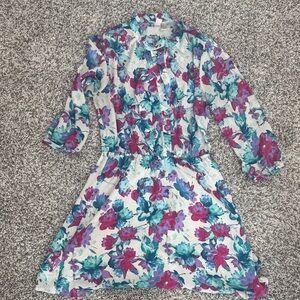 Forever 21 White Floral Ruffle Button-Front Dress with Teal & Magenta Flowers